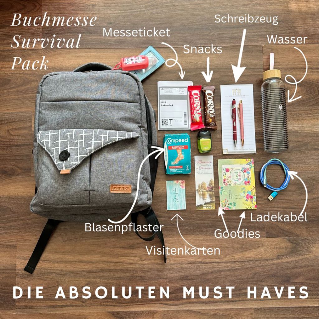 Rucksack, daneben dessen Inhalt: Messeticket, Snacks, Schreibzeug, Wasser, Blasenpflaster, Visitenkarten, Goodies, Ladekabel